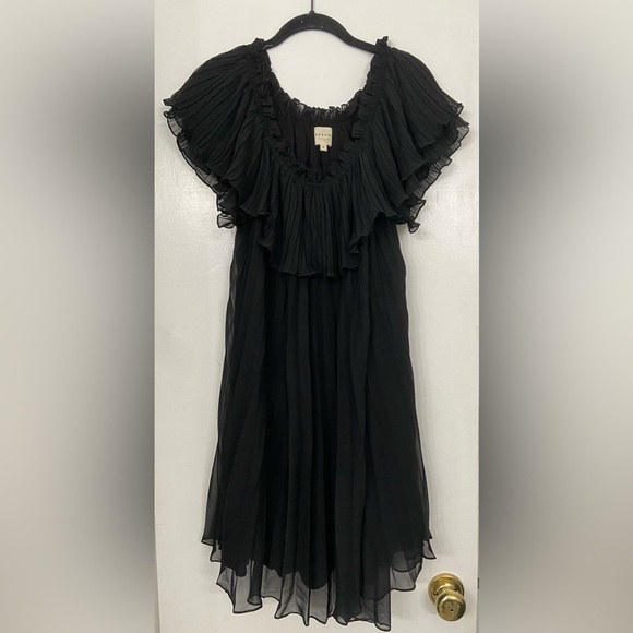 Sezane Gloria Pleated Off the Shoulder Mini Dress Black Size FR46/US 14 - Picture 5 of 9